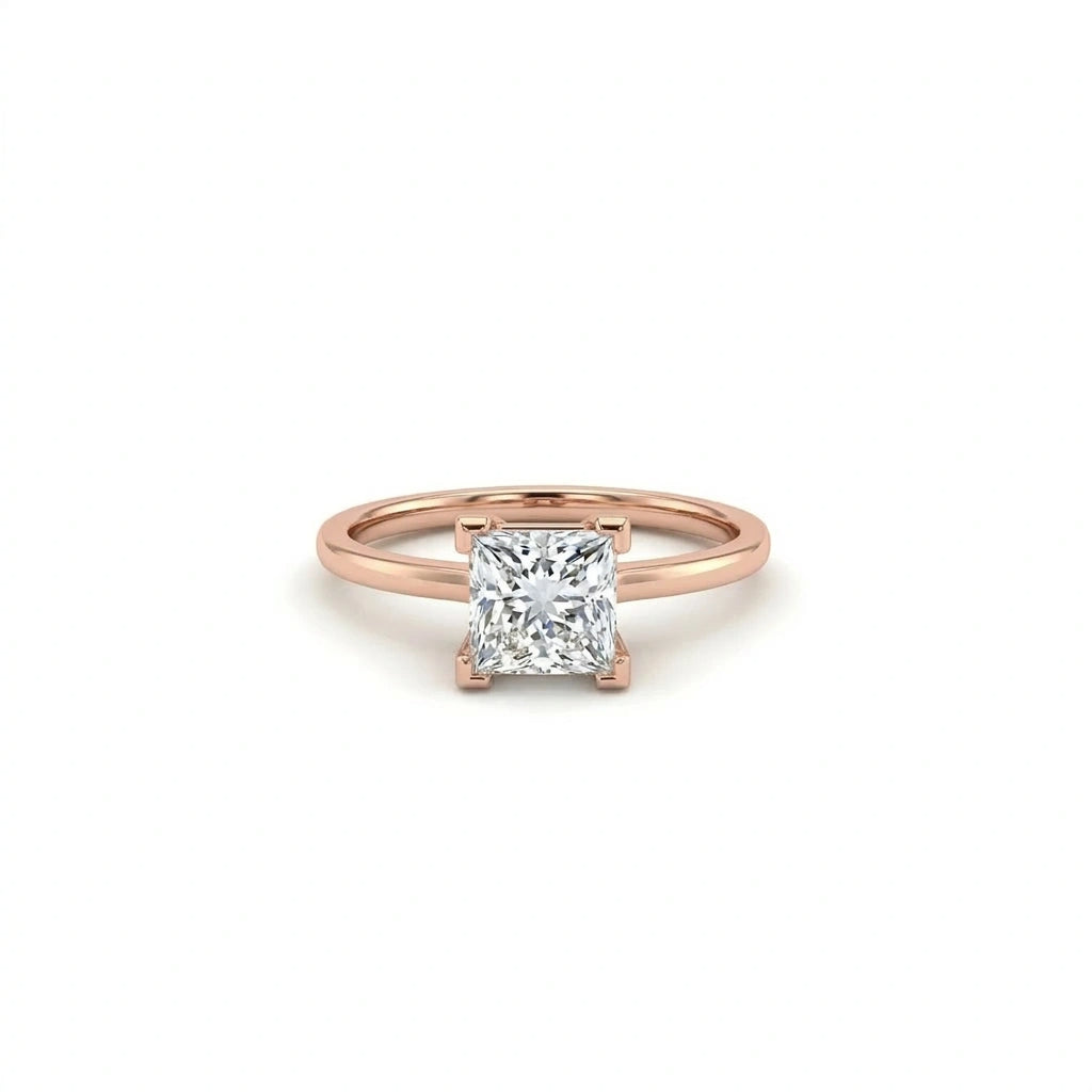 1 carat princess cut lab grown diamond engagement ring in 14K rose gold front view