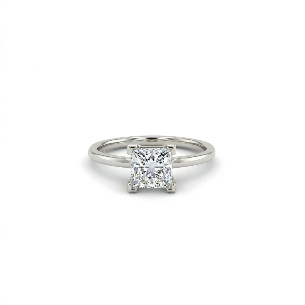 1 carat princess cut lab grown diamond engagement ring in 14K white gold front view