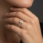 Woman wearing 1 Carat Princess Cut Pavé Floating Hidden Halo Diamond Ring in yellow gold