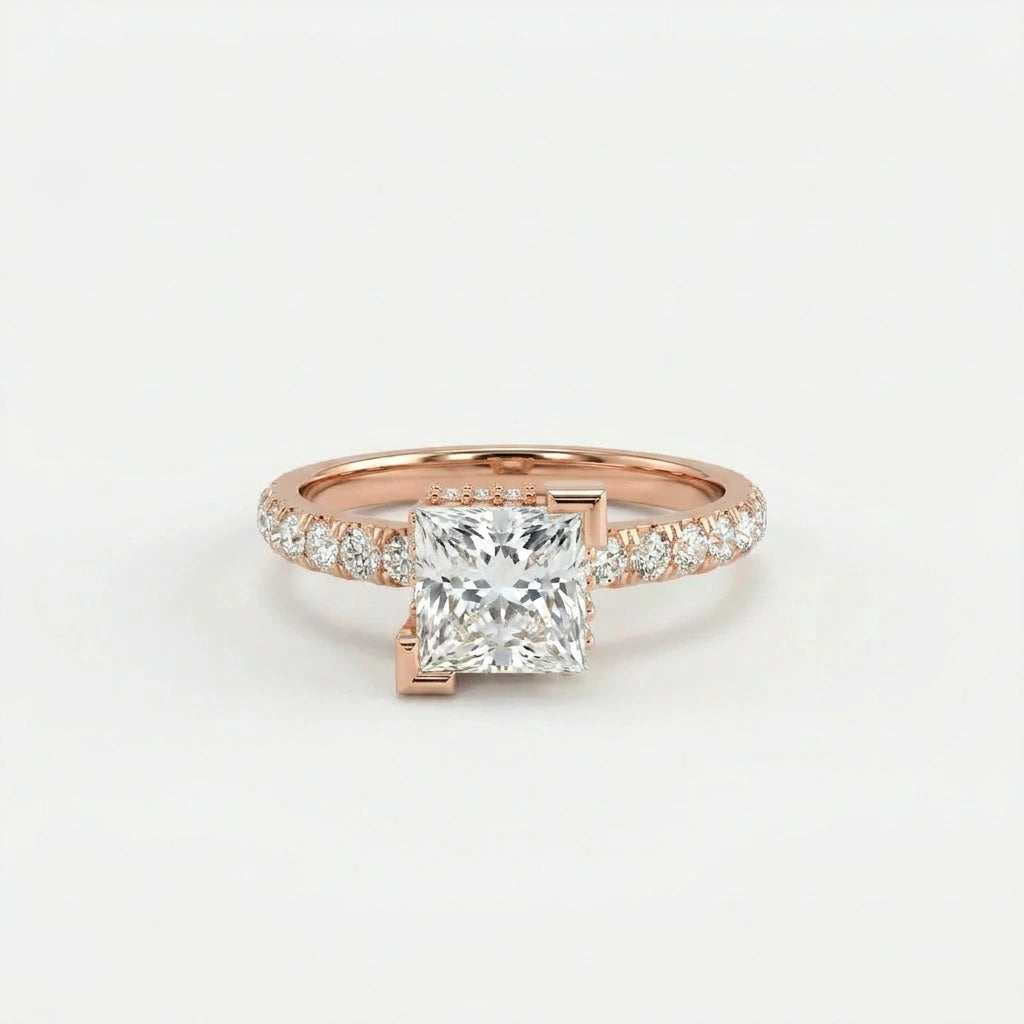 1 Carat Princess Cut Pavé Floating Hidden Halo Diamond Ring in 14K rose gold front view