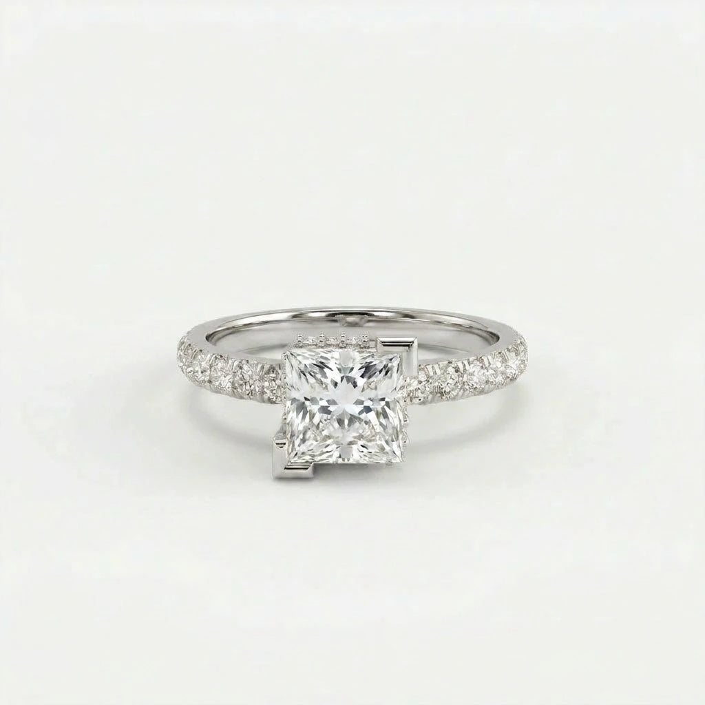 1 Carat Princess Cut Pavé Floating Hidden Halo Diamond Ring in 14K white gold with lab grown diamond