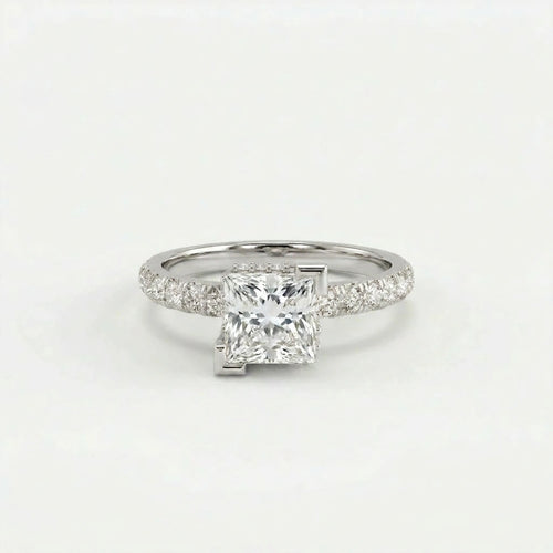 1 Carat Princess Cut Pavé Floating Hidden Halo Diamond Ring in 14K white gold with lab grown diamond