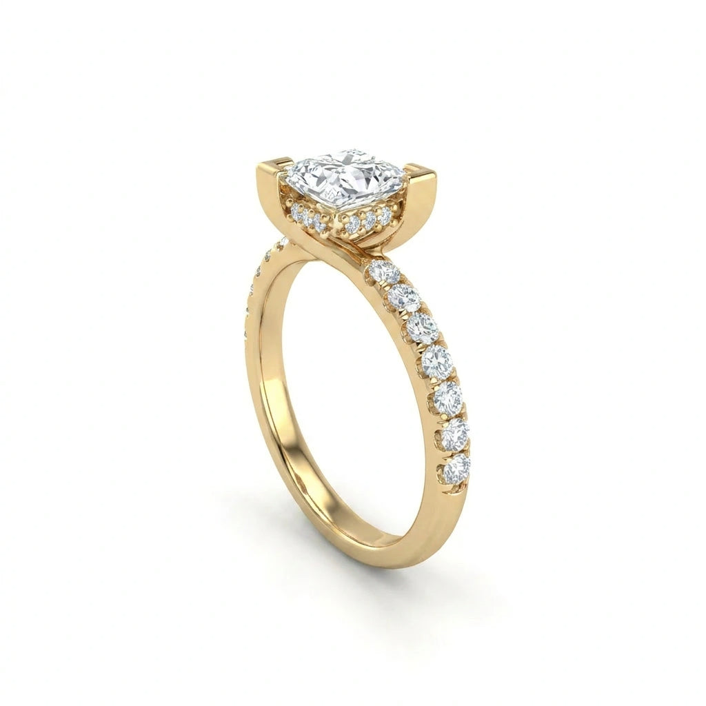 Angled side view of 1 Carat Princess Cut Pavé Floating Hidden Halo Diamond Ring in 14K yellow gold