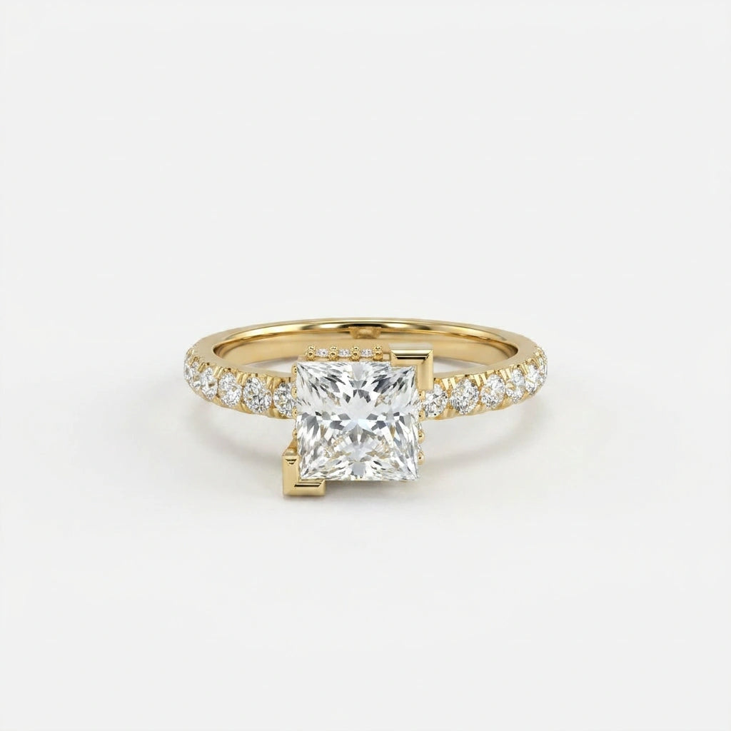 1 Carat Princess Cut Pavé Floating Hidden Halo Diamond Ring in 14K yellow gold front view