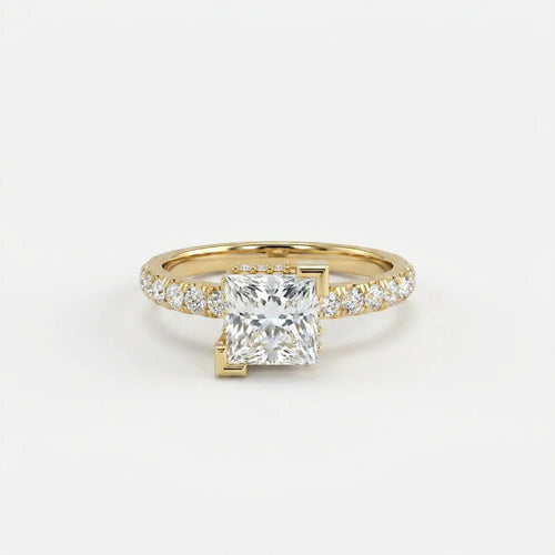 1 Carat Princess Cut Pavé Floating Hidden Halo Diamond Ring in 14K yellow gold front view