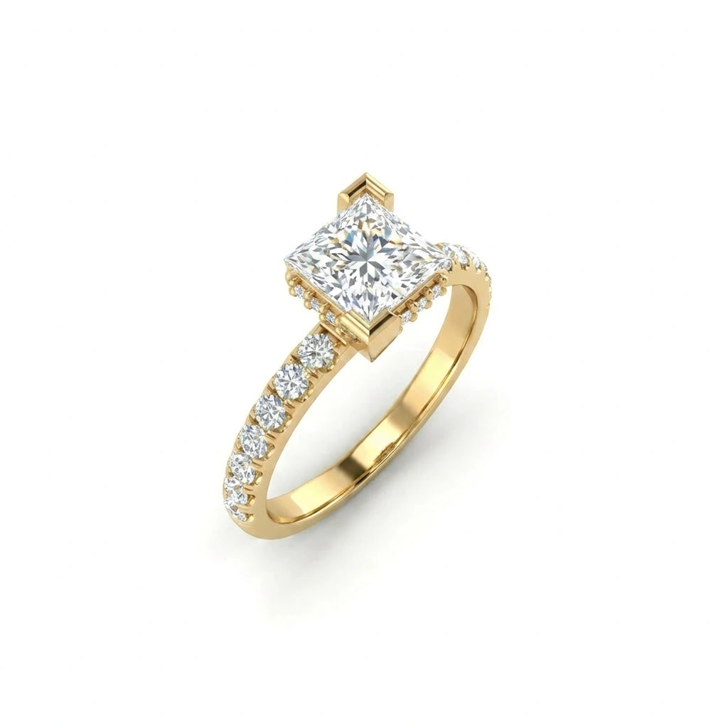 Top angled view of 1 Carat Princess Cut Pavé Floating Hidden Halo Diamond Ring with pavé diamond band