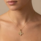 14K gold Byzantine cross pendant with lab-grown diamonds worn on neck — lifestyle view, Black Pearl of Queens