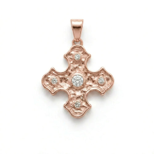 14K rose gold Byzantine cross pendant with five bezel-set lab-grown diamonds — product view on white background