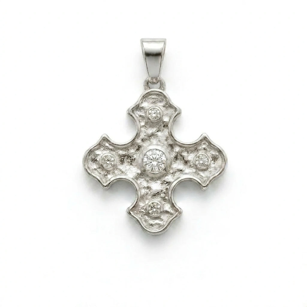 14K white gold Byzantine cross pendant with five bezel-set lab-grown diamonds — product view on white background