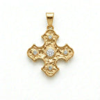 14K yellow gold Byzantine cross pendant with five bezel-set lab-grown diamonds — product view on white background