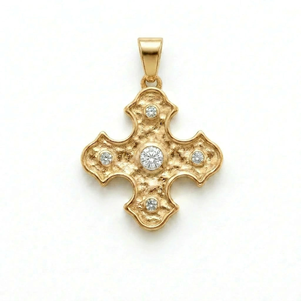 14K yellow gold Byzantine cross pendant with five bezel-set lab-grown diamonds — product view on white background