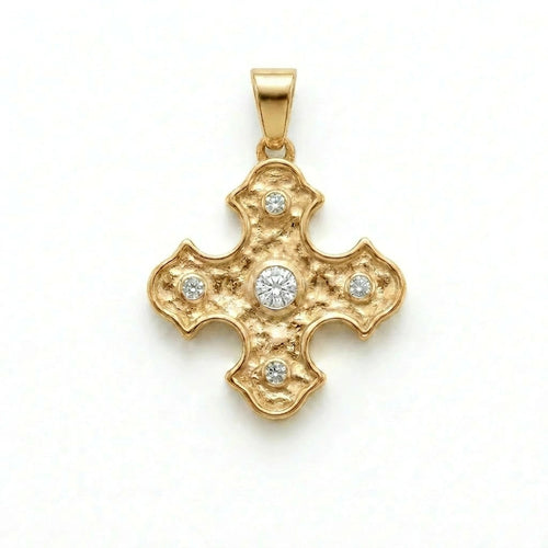 14K yellow gold Byzantine cross pendant with five bezel-set lab-grown diamonds — product view on white background