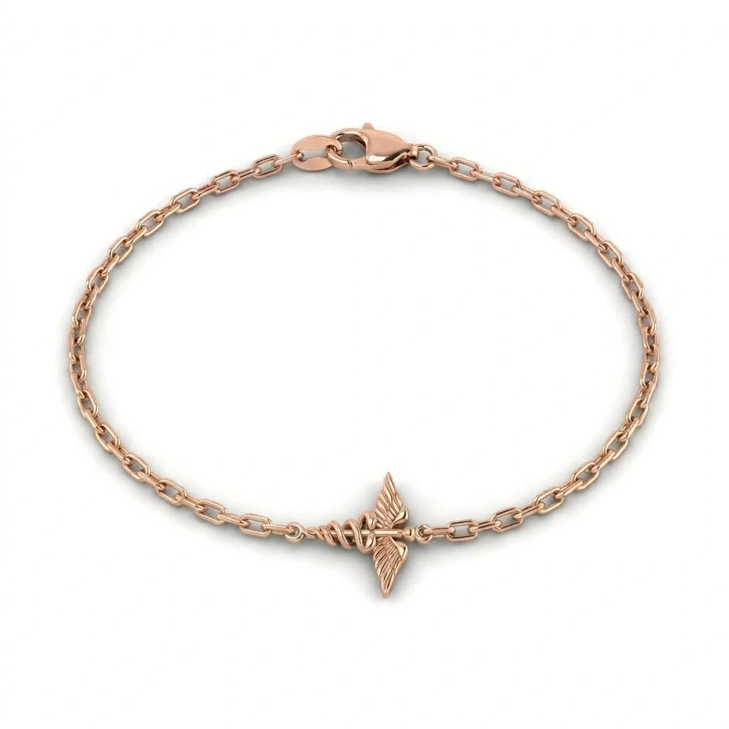 14K rose gold caduceus charm bracelet on cable link chain — product view on white background — Black Pearl of Queens