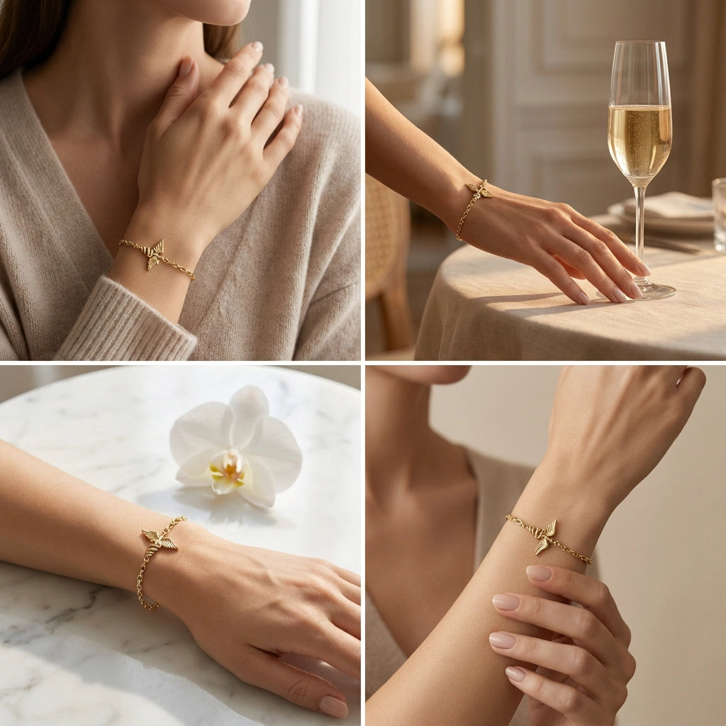 Four lifestyle views of 14K gold caduceus charm bracelet worn on wrist in warm interior settings