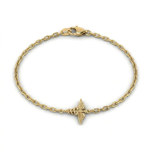14K yellow gold caduceus charm bracelet on cable link chain — product view on white background — Black Pearl of Queens