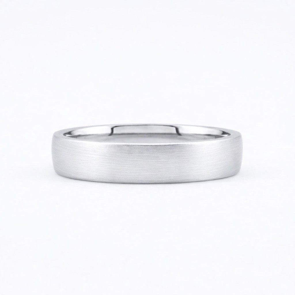 5mm 14K white gold low dome wedding band with brushed finish - side profile view