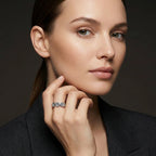 Woman wearing 14K white gold multi disc button design ring in portrait view