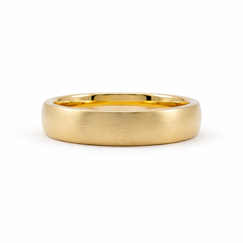 5mm 14K yellow gold low dome wedding band with brushed finish - side profile view