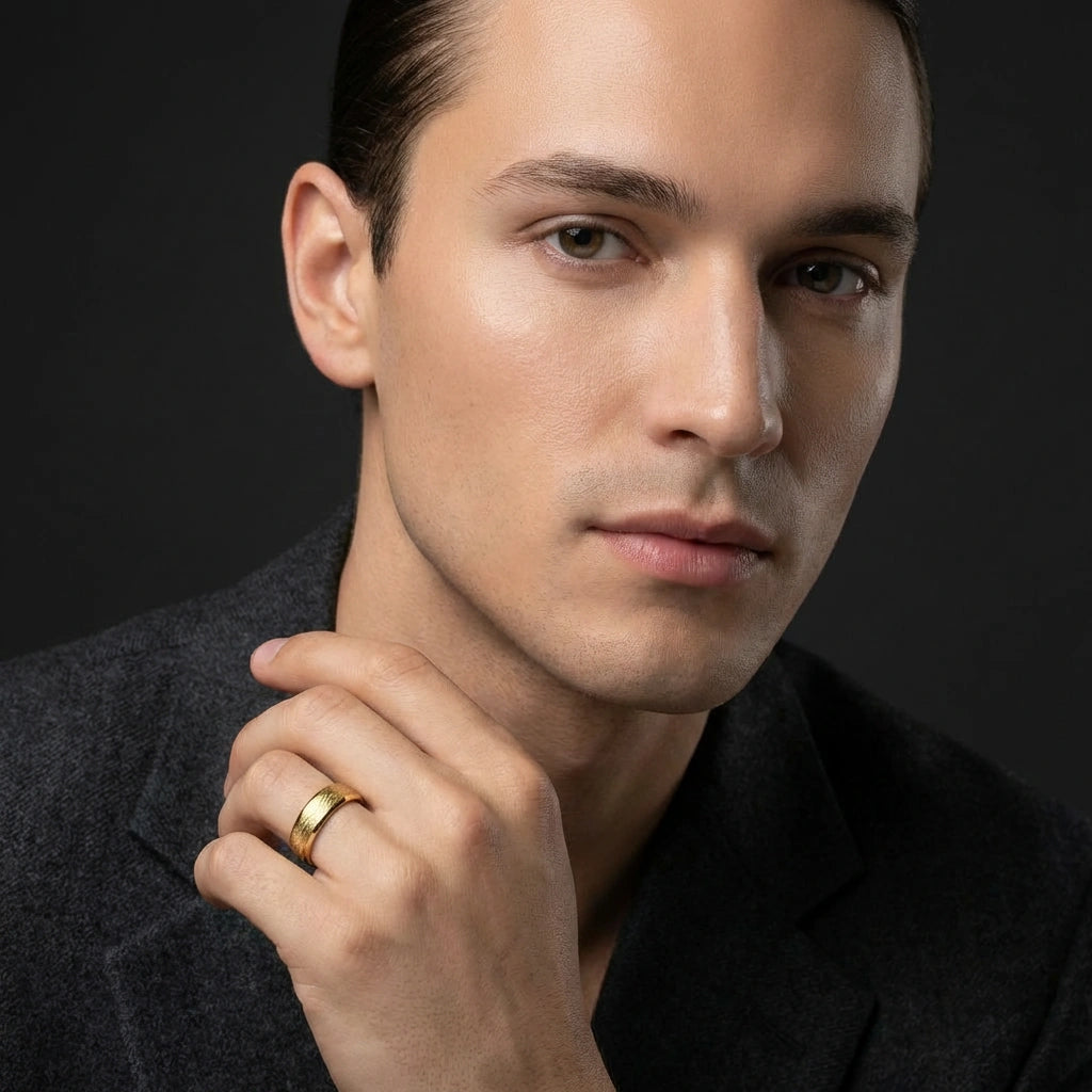 Man wearing 14K yellow gold cross hatched textured wedding band