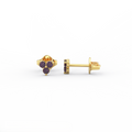 Lab-Created Alexandrite three-stone cluster stud earrings in 14K yellow gold, front and side view