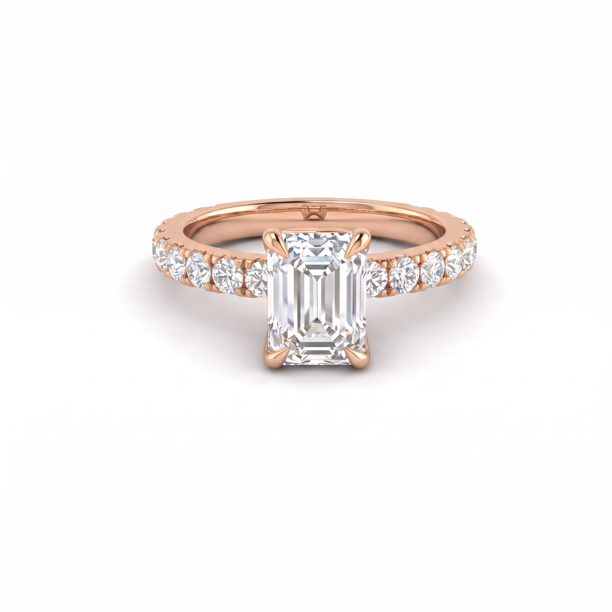 1ct emerald cut French pave engagement ring in 14K rose gold, front view