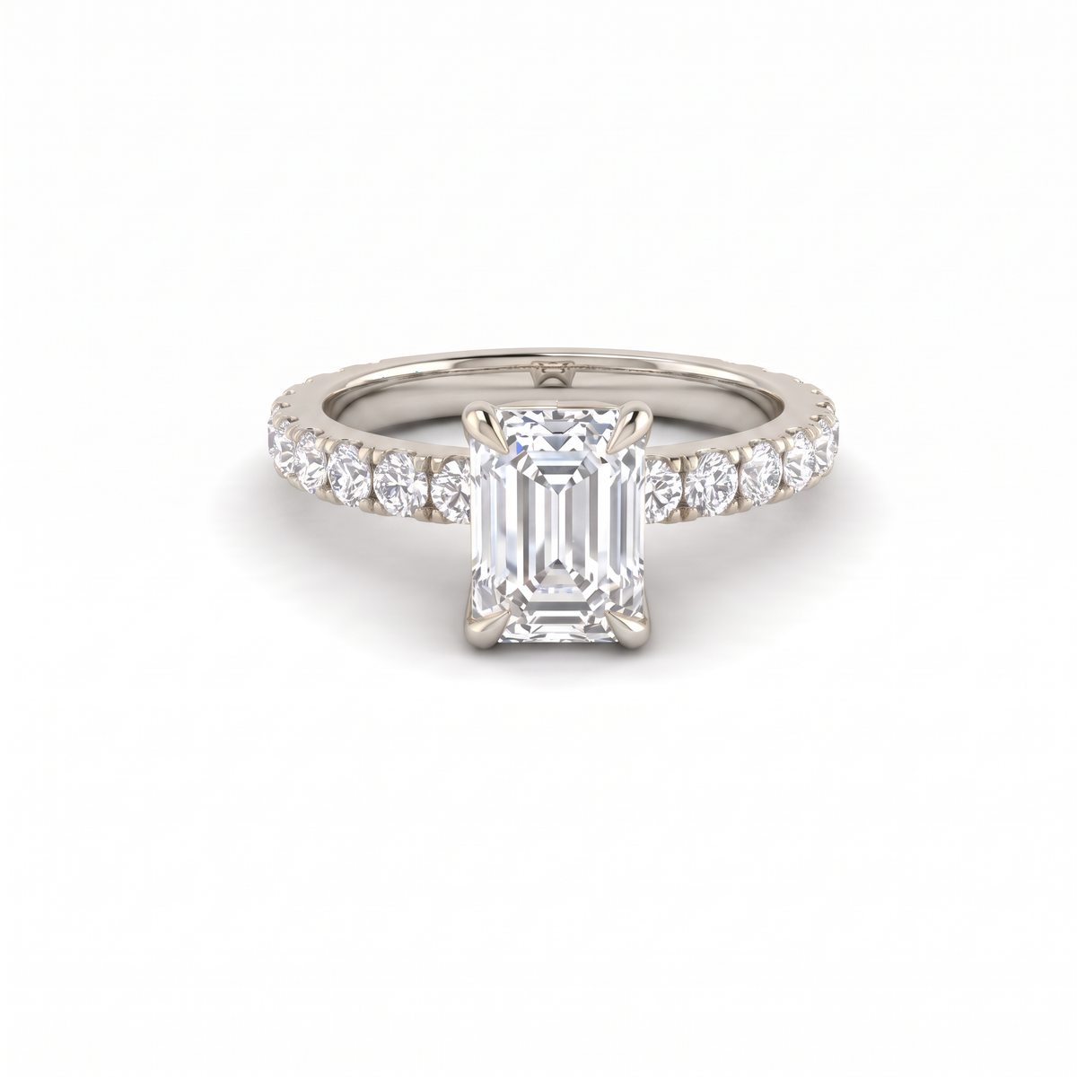 1ct emerald cut French pave engagement ring in 14K white gold, front view