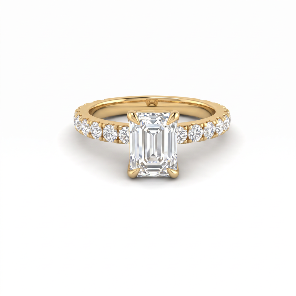 1ct emerald cut Lab-Grown Diamond engagement ring on a French pave band in 14K yellow gold, front view