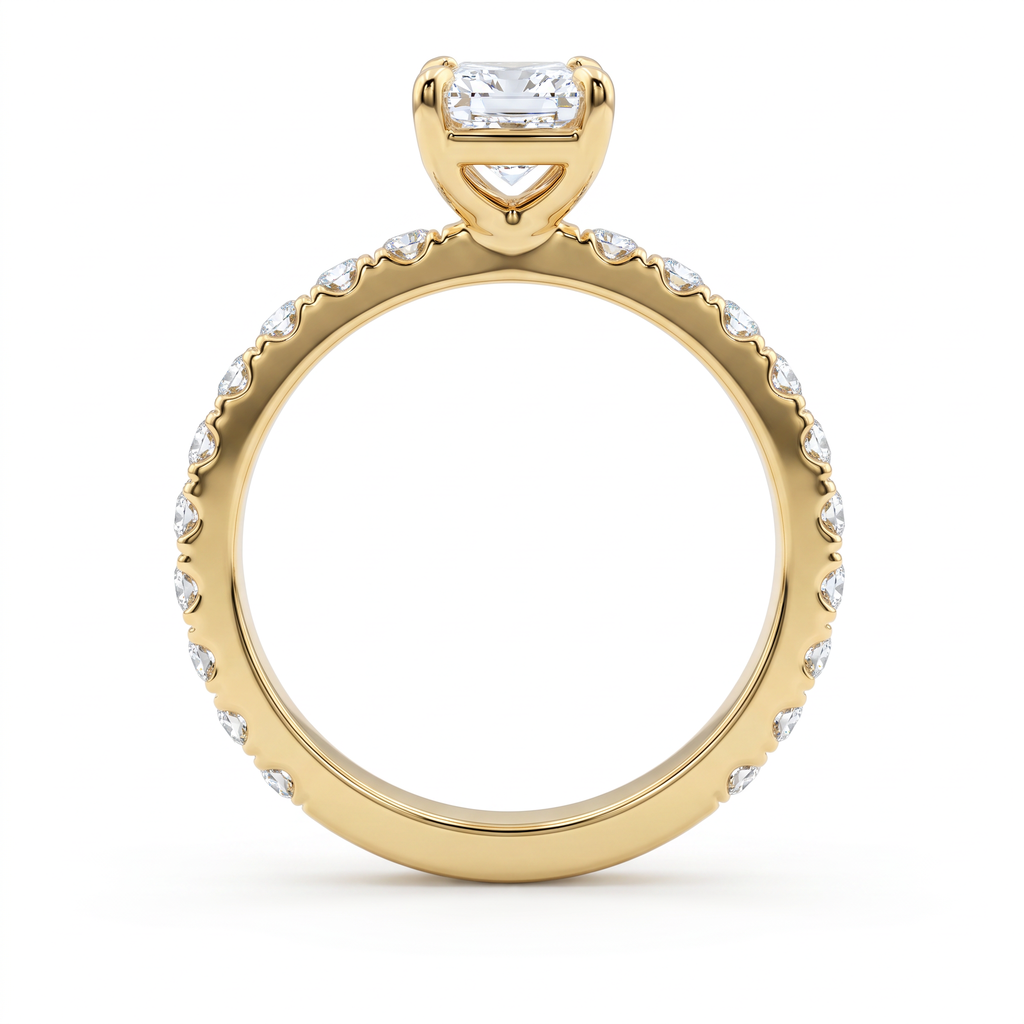 Gallery view of 1ct emerald cut French pave engagement ring in 14K yellow gold showing the scalloped cutouts beneath each diamond