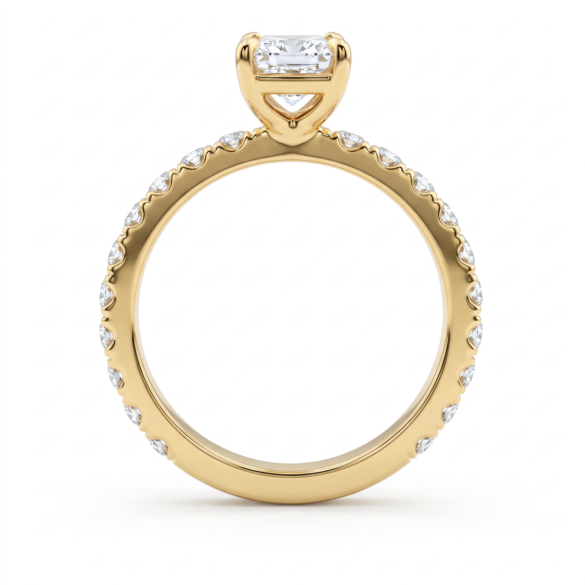 Gallery view of 1ct emerald cut French pave engagement ring in 14K yellow gold showing the scalloped cutouts beneath each diamond