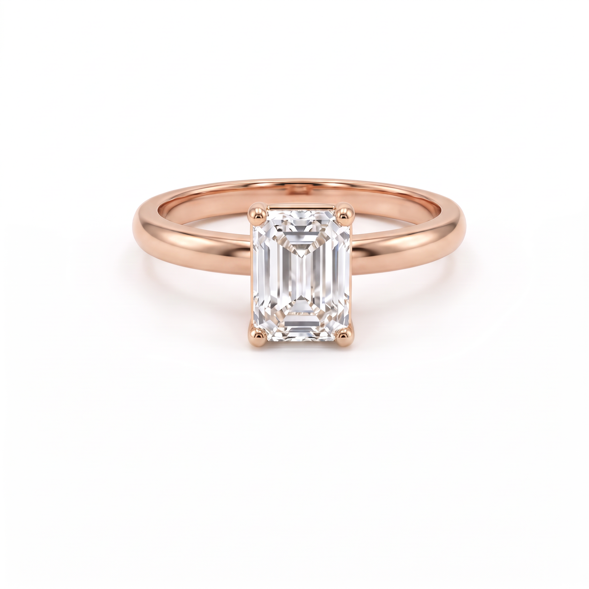 1ct emerald cut solitaire engagement ring in 14K rose gold, front view