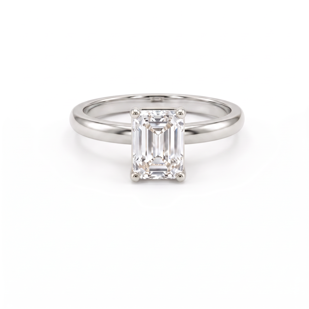 1ct emerald cut solitaire engagement ring in 14K white gold, front view
