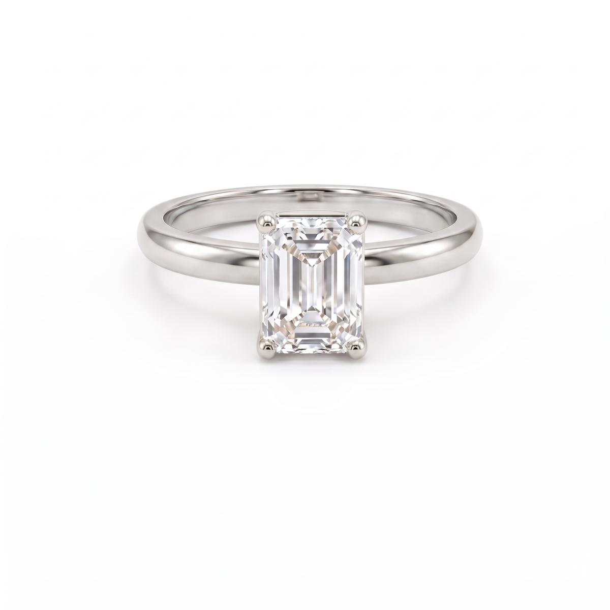 1ct emerald cut solitaire engagement ring in 14K white gold, front view
