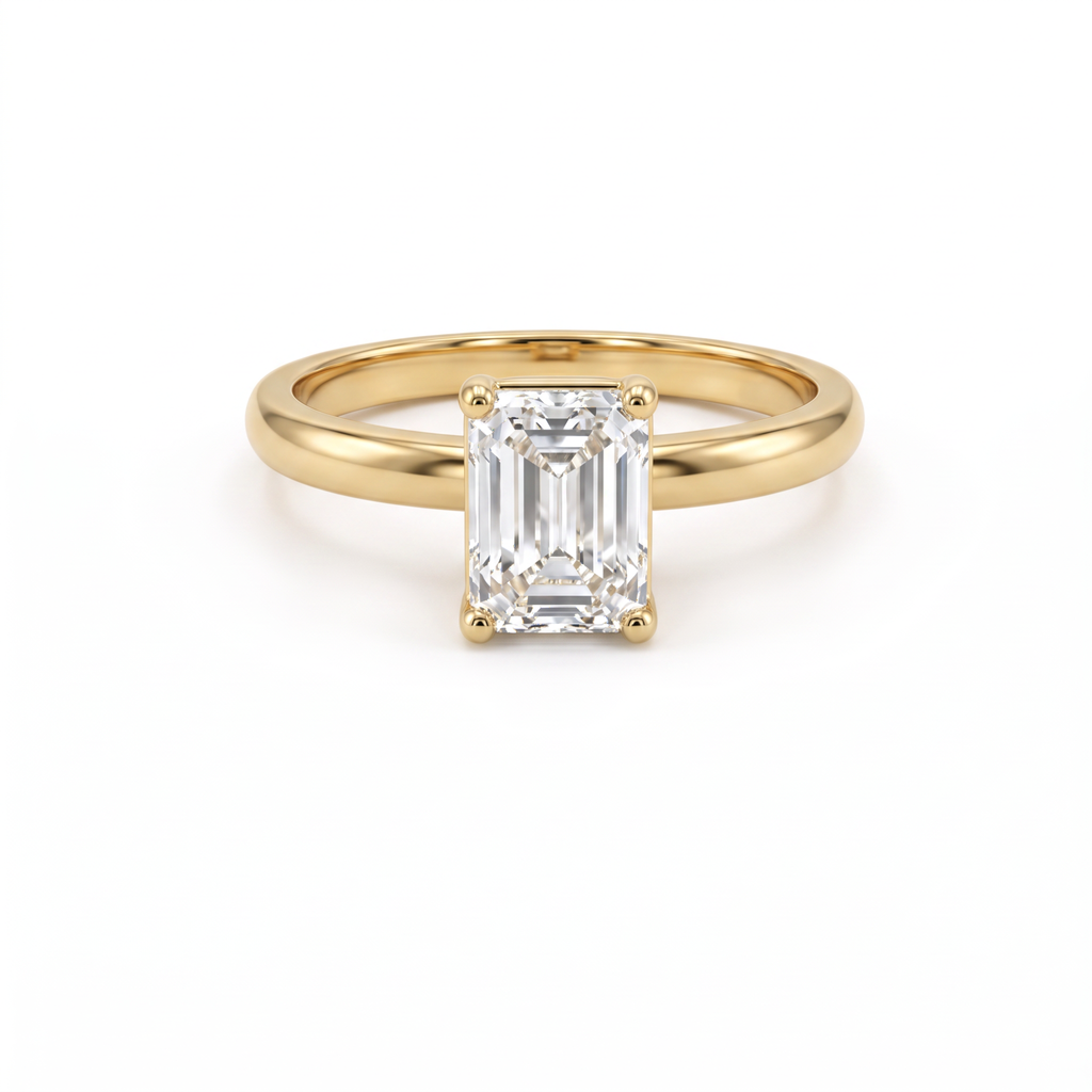 1ct emerald cut Lab-Grown Diamond solitaire engagement ring in 14K yellow gold, front view with four corner prongs