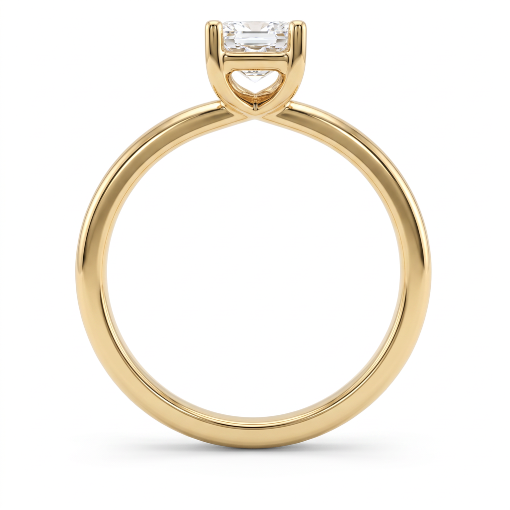 Gallery view of 1ct emerald cut solitaire engagement ring in 14K yellow gold showing the open basket under the stone