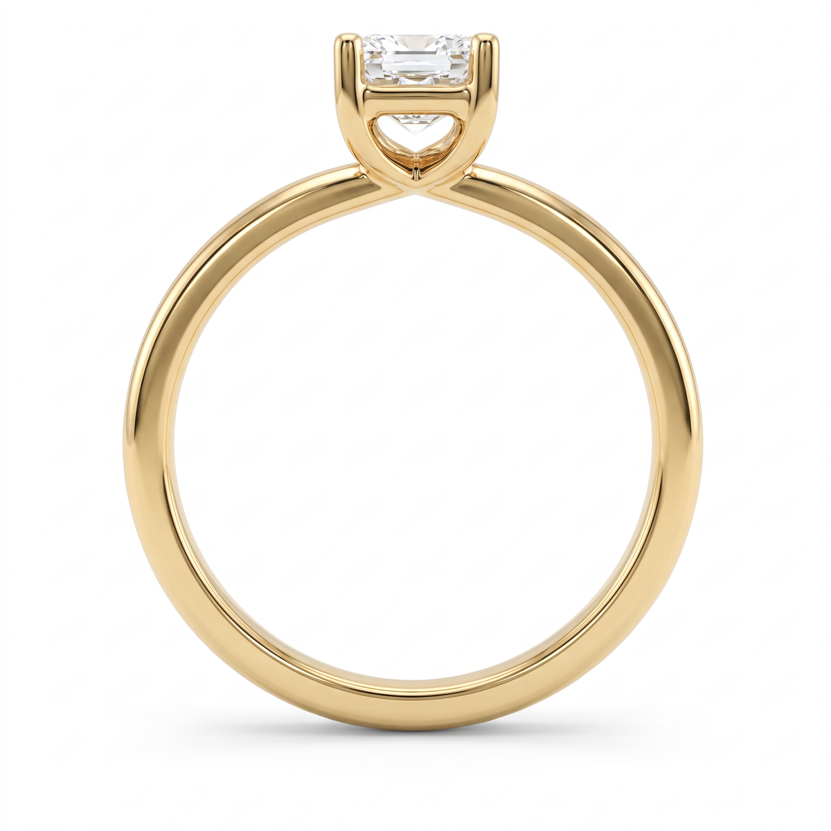 Gallery view of 1ct emerald cut solitaire engagement ring in 14K yellow gold showing the open basket under the stone