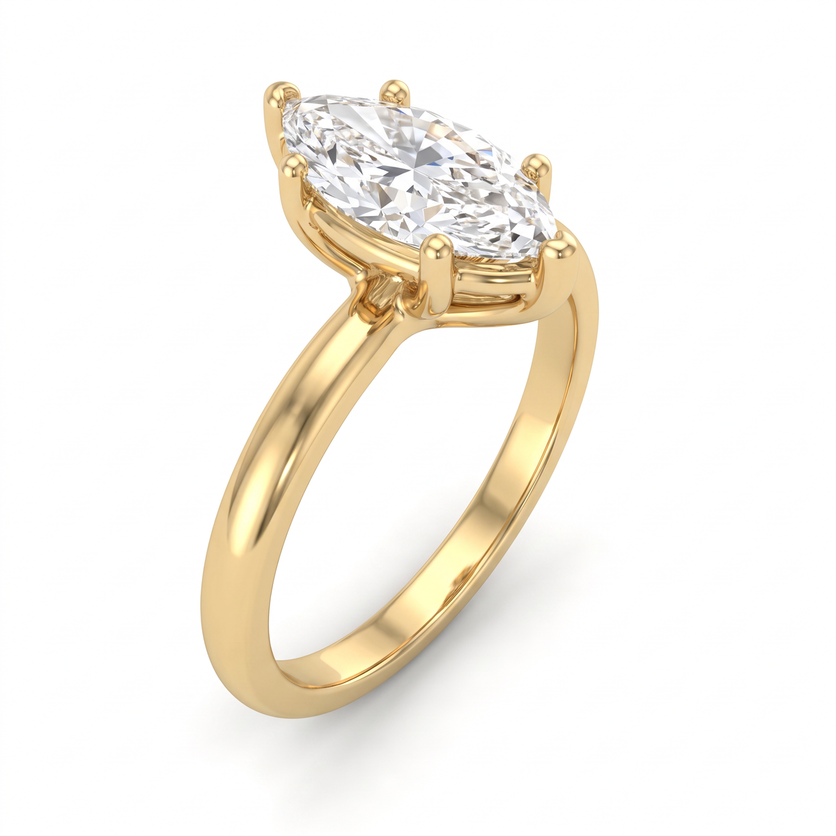 1ct marquise solitaire engagement ring in 14K yellow gold, angled view showing six-prong setting and tapered band