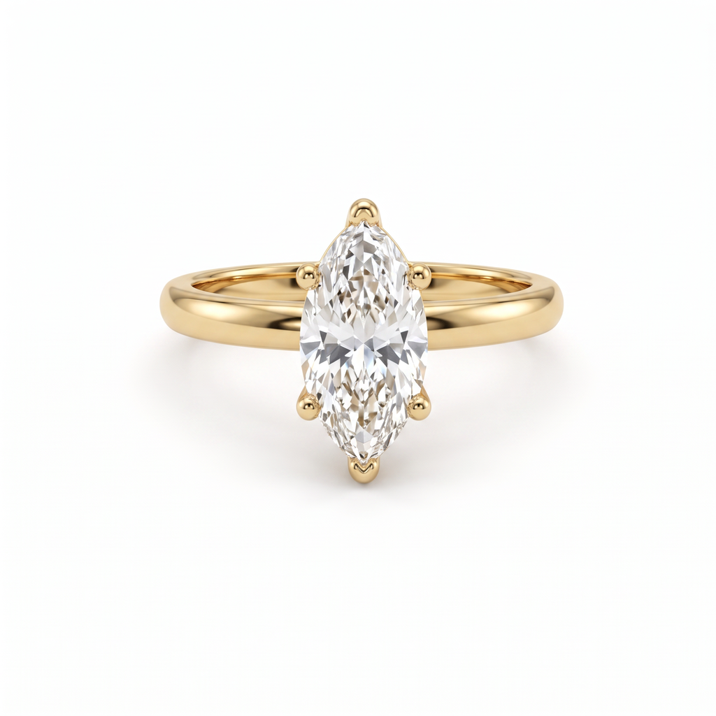 1ct marquise Lab-Grown Diamond solitaire engagement ring in 14K yellow gold, front view with V-prongs capping both points