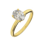 Angled view of 1ct oval diamond solitaire ring in yellow gold