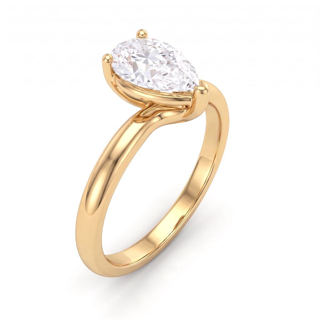 1ct pear solitaire engagement ring in 14K yellow gold, angled view showing three-prong setting and tapered band