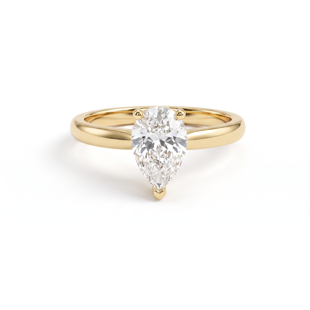 1ct pear Lab-Grown Diamond solitaire engagement ring in 14K yellow gold, front view with V-prong over the point