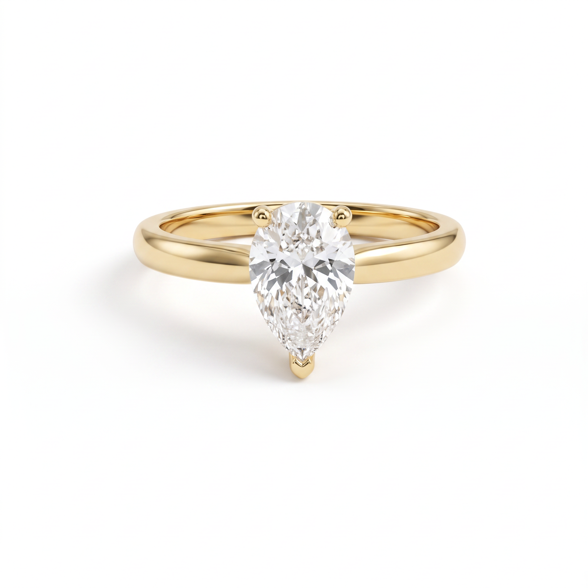 1ct pear Lab-Grown Diamond solitaire engagement ring in 14K yellow gold, front view with V-prong over the point