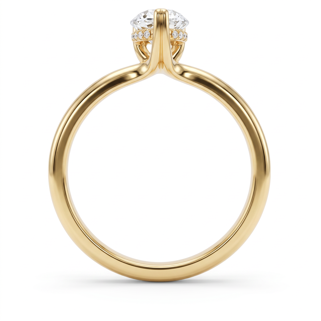 Gallery view of 1ct pear solitaire engagement ring in 14K yellow gold showing the basket beneath the stone