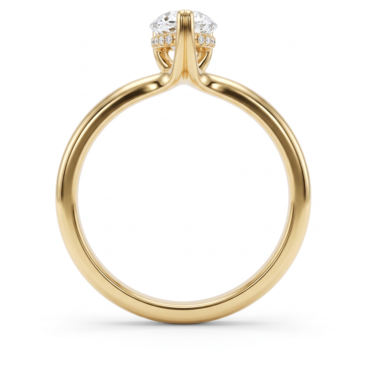 Gallery view of 1ct pear solitaire engagement ring in 14K yellow gold showing the basket beneath the stone