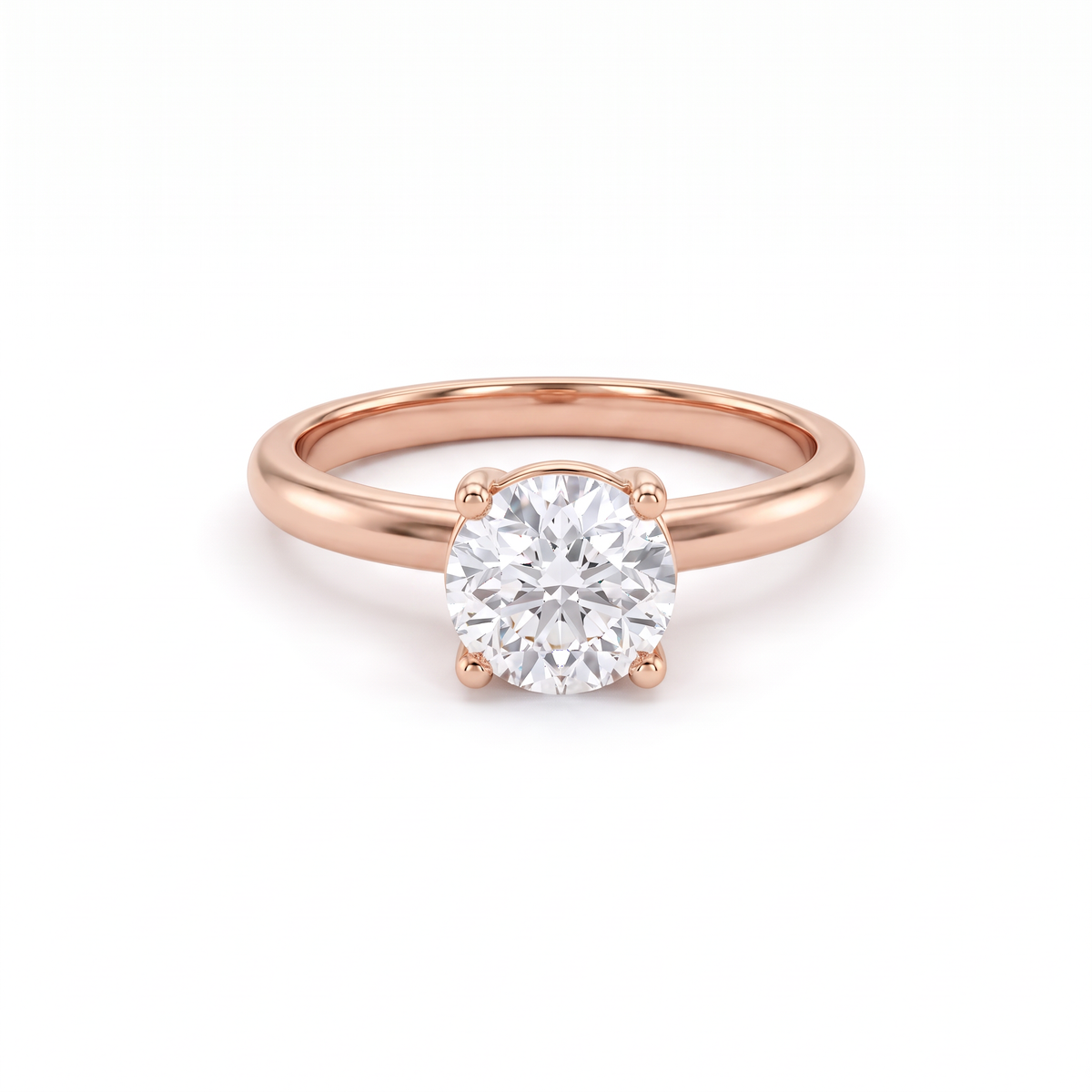 1ct round solitaire engagement ring in 14K rose gold, four-prong setting, front view