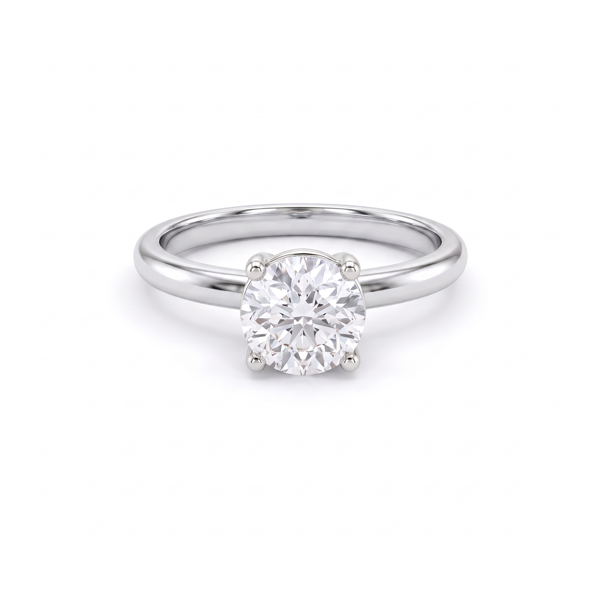 1ct round solitaire engagement ring in 14K white gold, four-prong setting, front view