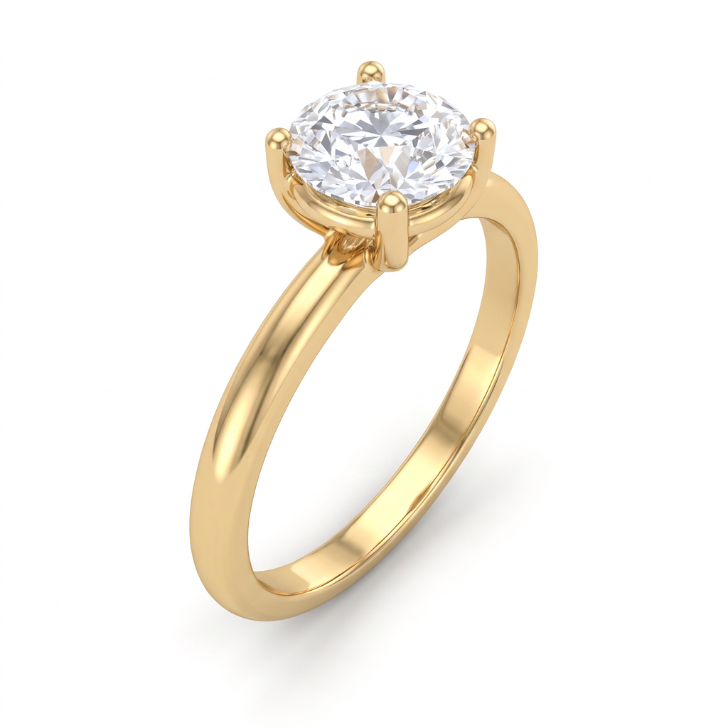 1ct round Lab-Grown Diamond solitaire engagement ring in 14K yellow gold, angled view showing tapered shank