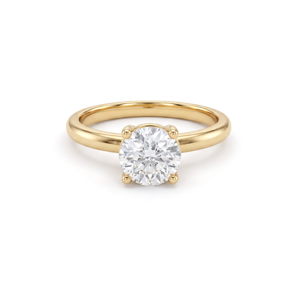 1ct round Lab-Grown Diamond solitaire engagement ring in four prongs, 14K yellow gold, front view
