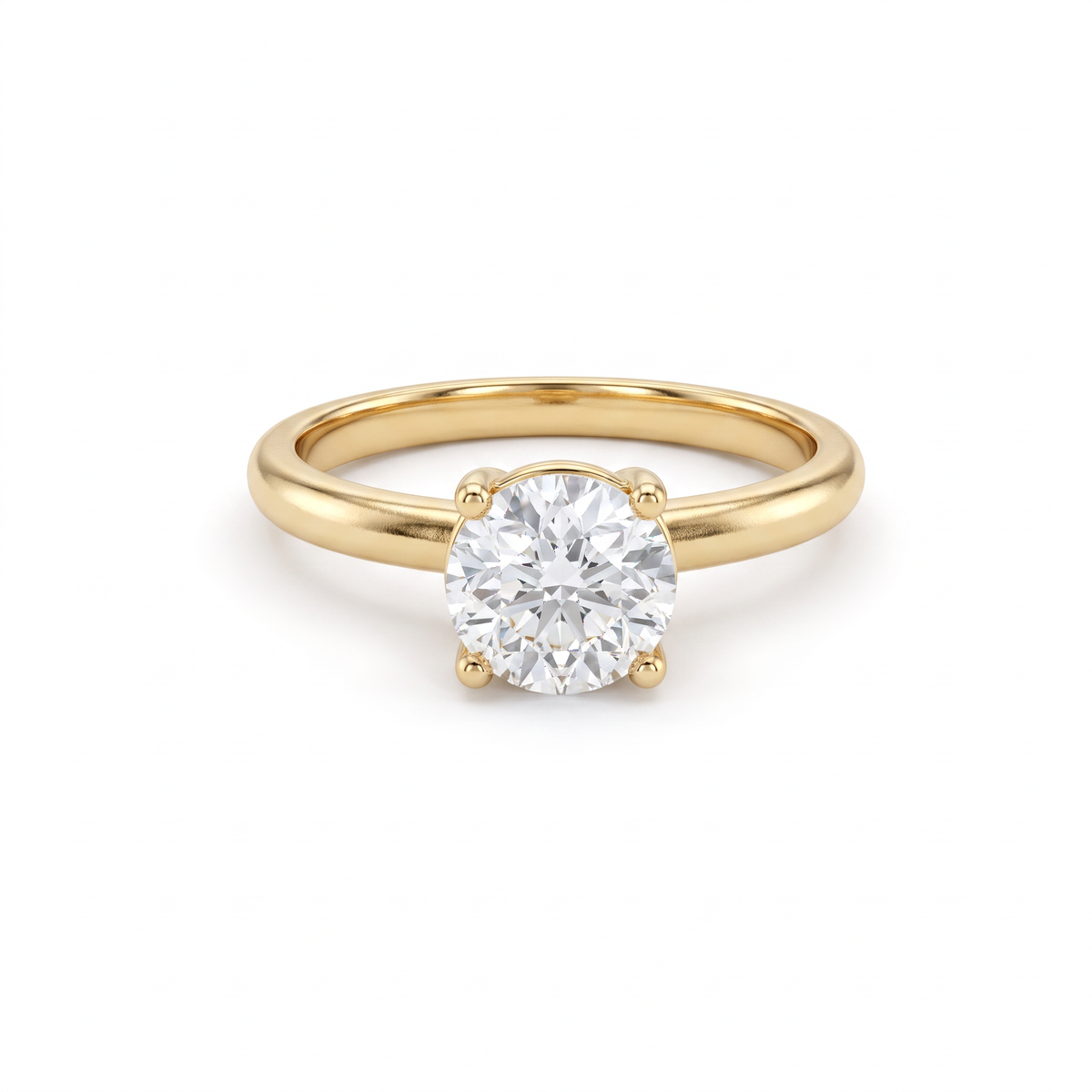 1ct round Lab-Grown Diamond solitaire engagement ring in four prongs, 14K yellow gold, front view