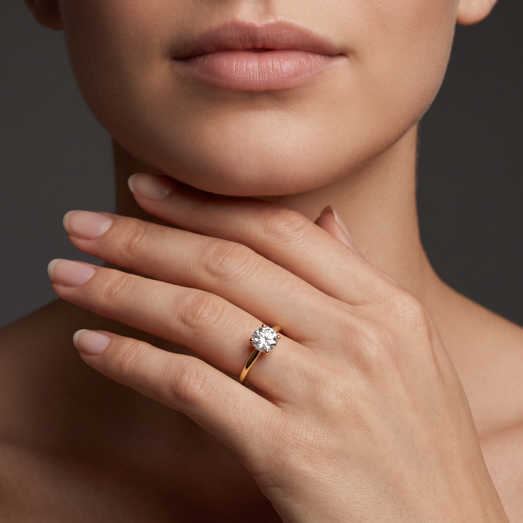 1ct round Lab-Grown Diamond solitaire engagement ring in 14K yellow gold worn on hand