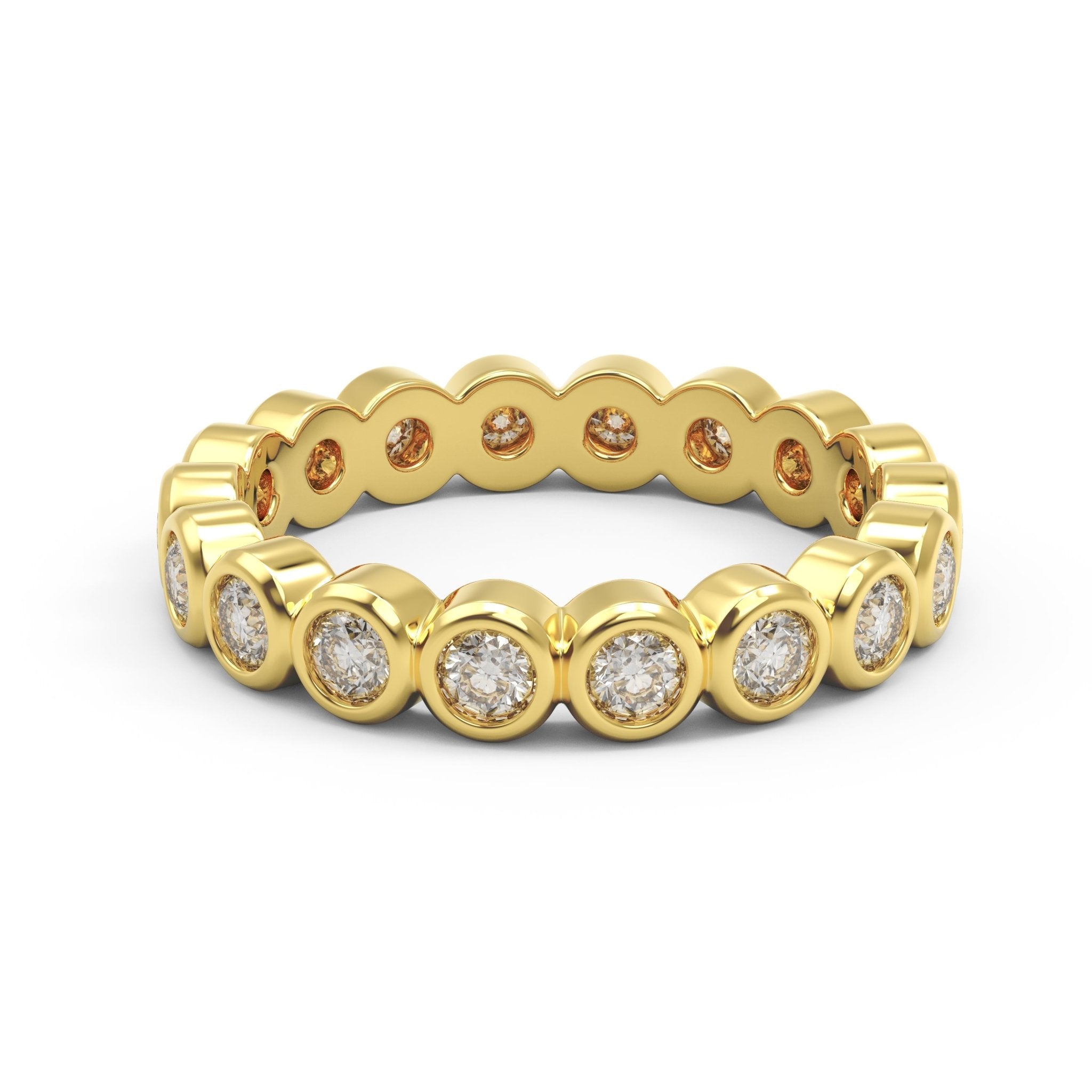 1ct eternity ring, bezel set closed up view for details in 14k gold